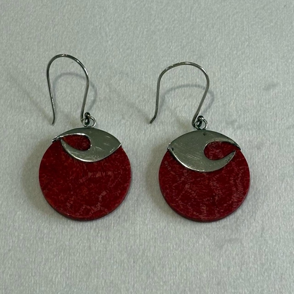 Vintage FNA 925 Sterling Silver Red Stone Circle Disc Dangly Earrings